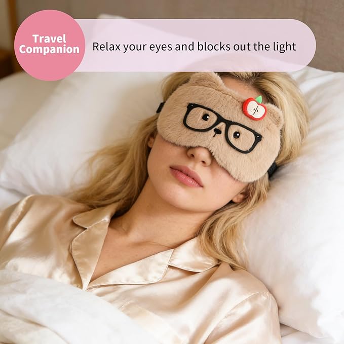 PERFECTSIGHT Sleep Eye Masks, Cute Plush Sleep Eye Cover Lightweight Adjustable Eyeshade Faux Fur Mask Cover for Women Kids Girl Sleep Travel Nap, Glasses Bear