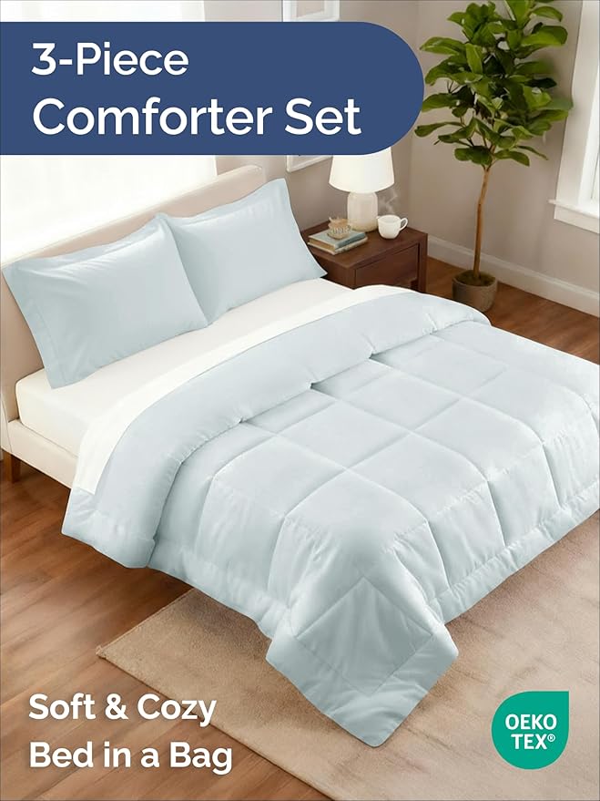 King Comforter Set - 3 Piece Bed Set for All Seasons - 1 Soft Quilted Comforter w/ Corner Tabs & 2 Pillow Shams - Comfy, Cozy & Breathable - Premium Down Duvet Insert - Oeko-TEX - King Size, Ice Blue