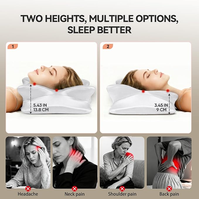 2-Pack Cervical Neck Pillow for Neck Pain Relief,Ergonomic Memory Foam Contour Pillow with Wrinkle-Resistant Silky Satin Fabric Cover,Orthopedic Bed Pillow for Side,Back,Stomach Sleepers,White