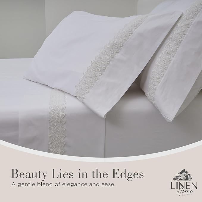 Linen Home 100% Cotton Percale Floral Scallop Lace Pillowcases King Size, White, 2 Pieces of Pillow Case, Crisp and Cool Strong Bed Linen, 20 inches X 40 inches
