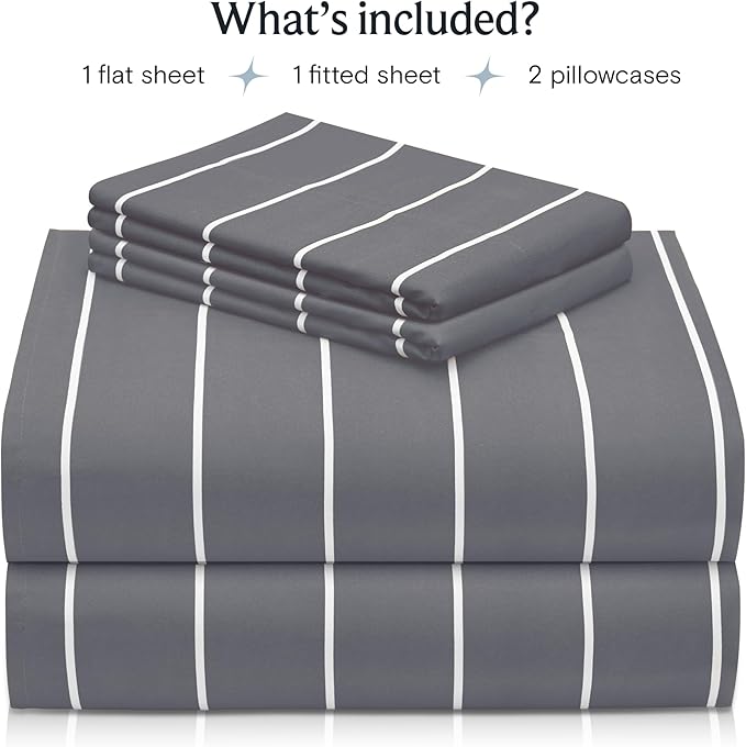 LuxClub 4 PC King Size Sheet Set, Breathable Luxury Bed Sheets, Deep Pockets 18" Wrinkle Free Cooling Machine Washable Hotel Bedding (Striped Light Grey)