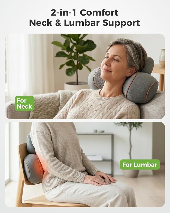 3-in-1 Neck Massager Pillow for Pain Relief Deep Tissue with Heat, Cordless & Rechargeable Massager with Traction for Neck Hump & Shoulder Comfort, Memory Foam Pillow for Home Office Travel