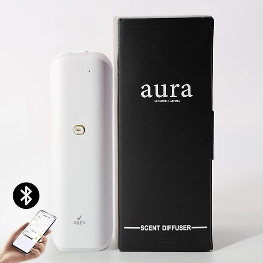 Aura Bluetooth Plug-in Essential Oil Diffuser – Smart Waterless Scent Diffuser for Home, Office, or Retail – Covers 500 Sq Ft, 100ml Bottle, Adjustable Fragrance, Free Sample (White)