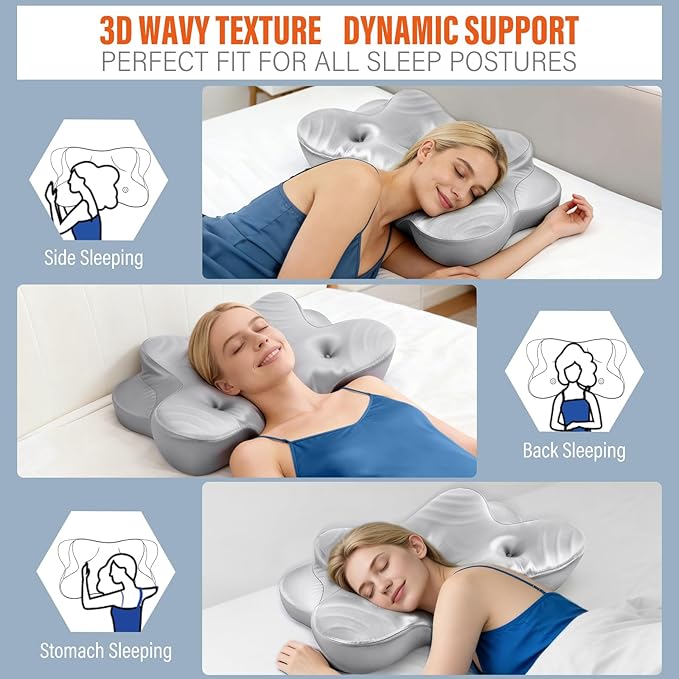 Dual Ear Relief Zone Contour Pillow, Ice Silk Satin Cervical Memory Foam Pillow for Sleeping, Ergonomic Neck Support for Side, Back & Stomach Sleepers