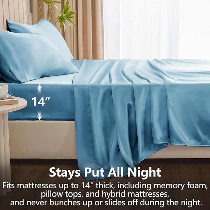 CozyLux Satin Sheets Full Size Sheets - 4 Piece Silky Full Size Bed Sheets, Luxury Sky Blue Full Bed Set with Smooth and Soft Microfiber, Includes 1 Fitted Sheet, 1 Flat Sheet and 2 Pillowcases