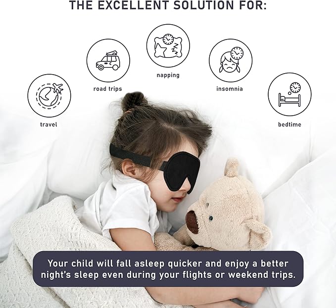 3D Sleep Mask for Kids, Light Block Sleeping Blindfold Memory Foam Contoured Eye Mask for Sleep, Adjustable Strap Eye Cover and Travel Sleep Mask for Boys Girls, Black