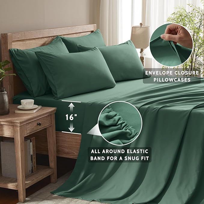 Full Size Bed Sheets - 6 Piece Soft Microfiber and Wrinkle Free Sheets - Easy Care, Extra Soft, Cooling Sheets - 1 Deep Pocket Fitted Sheet 1 Flat Sheet and 4 Pillowcases (Full Emerald Green)