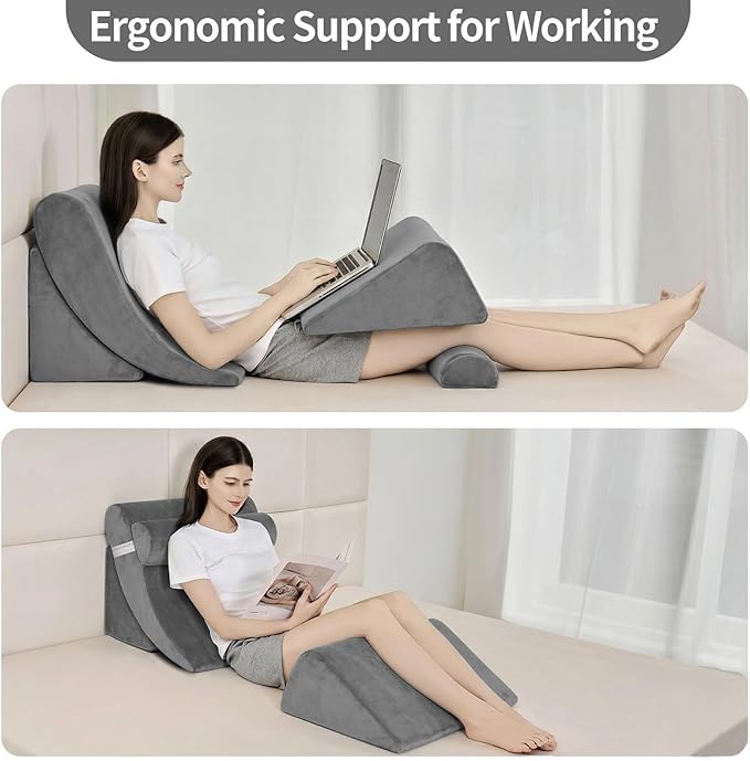 4PCS Orthopedic Bed Wedge Pillow Set for Post Surgery&Pain Relief,Adjustable Wedge Pillow for Back,Acid Reflux,Sitting up in Bed,Recovery,Snoring,Body Pillow for Sleeping (Gray)
