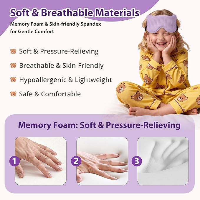 Kids Sleep Mask, 3D Sleeping Eye Mask for Kids with Adjustable Elastic Strap, Bear Shape Eye Cover with Memory Foam, Soft & Light-Blocking, Gift for Boys Girls Teens Age 5–15 (Purple)
