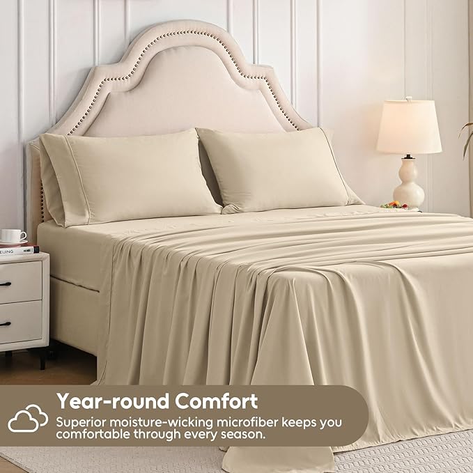 Queen Sheet Set, 4 Pieces Hotel Luxury Soft Microfiber Queen Bed Sheets Set, Up to 16" Deep Pockets, Oeko-Tex Sheets with Elastic, Breathable, Wrinkle Free (Beige, Queen)