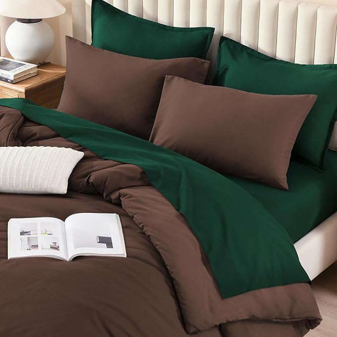 Litanika California King Comforter Sets Brown Emerald Green- 7 Pieces Bed in a Bag Beddding Sets, Solid Lightweight Bed Set with Comforter, Sheets, Pillowcases & Shams
