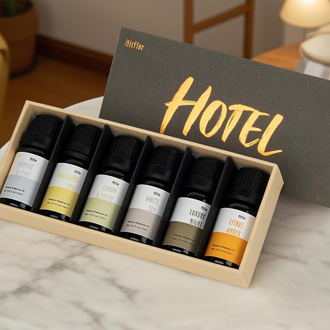 Hotel Fragrance Diffuser Oil Gift Set - Premium 6 x 10 ml, 0.34 fl oz, MitFlor Luxury Hotel Essential Oils Diffuser Scents - Inspired by the Hilton, Marriott, Shangri-La, Four Seasons, and W Hotel