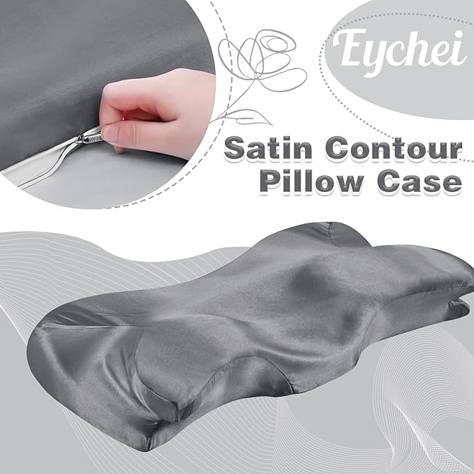 Satin Pillowcase for Cervical Pillow, Dark Grey Silky Cervical Pillow Case Contour Pillow Case Cover with Zipper, Smooth Ergonomic Pillowcase for Neck Pillow Cover