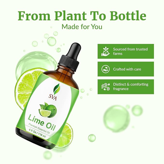 SVA Lime Essential Oil – 4 Fl Oz – 100% Natural Lime Oil - for Diffuser, Hair Care, Face, Skin Care, Aromatherapy, Scalp and Body Massage, Soap and Candle Making - with Dropper