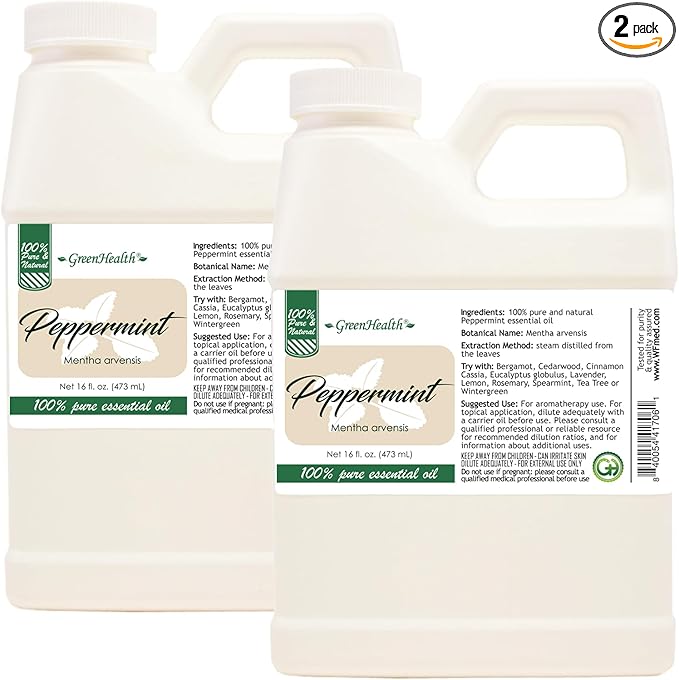 GreenHealth Peppermint Essential Oil – 2 Pack (16 fl oz Each) – 100% Pure & Uncut – White Plastic Jugs – Bulk Essential Oil for Diffusers, DIY, Cleaning