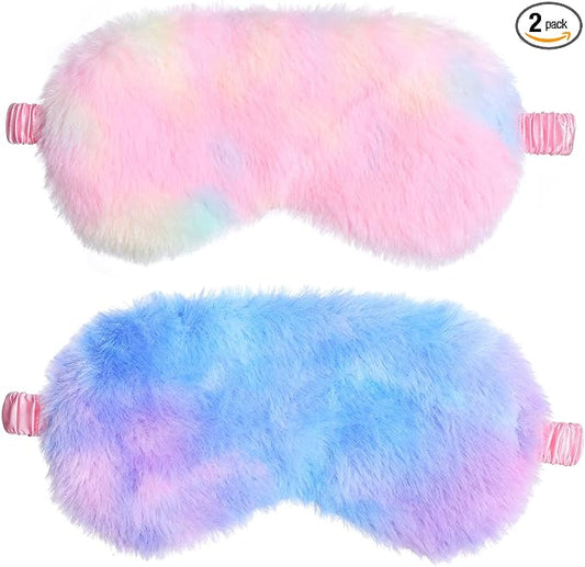 2 Pcs Plush Sleep Eye Mask Cute Soft Sleeping Blindfold Adjustable Furry Nap Eye Cover Night Comfortable Faux Fur Eyeshade for Plane Game Winter Men Women Gift