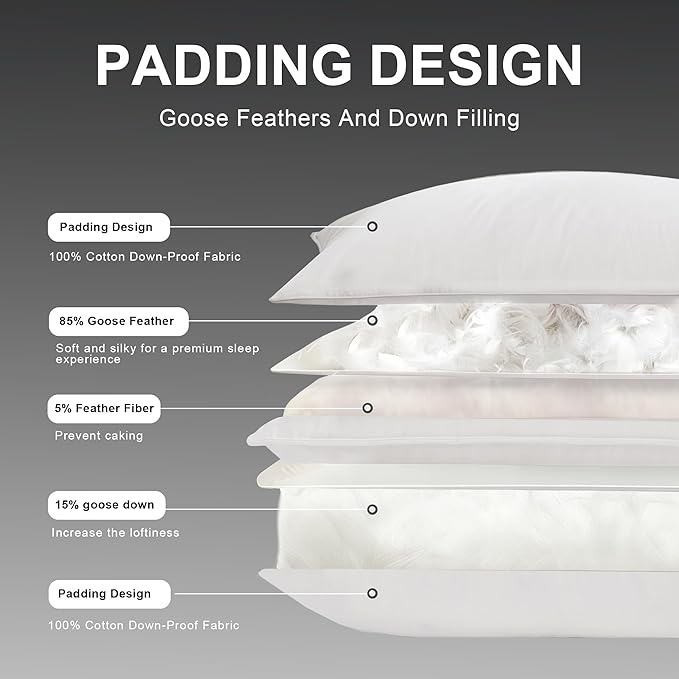 Goose Down Pillow, Hotel Quality with Feather Fill, 750 Fill Power King Size - 2 Pack with Pillowcase for Master Bedroom, Support for Back, Side, Stomach Sleepers (King 20" x 36")