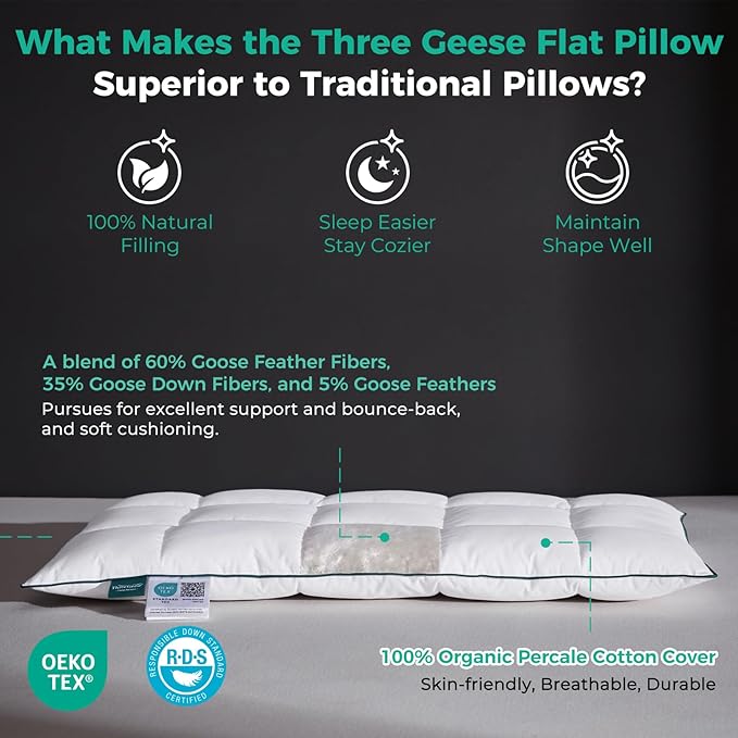 Three Geese Ultra Thin Flat Goose Down Feather Pillows for Sleeping Queen Size, 2.5" Height, 100% Cotton Cover, Ultra Slim Hotel Collection Bed Pillow for Stomach, Back Sleeper, 18x30 in.