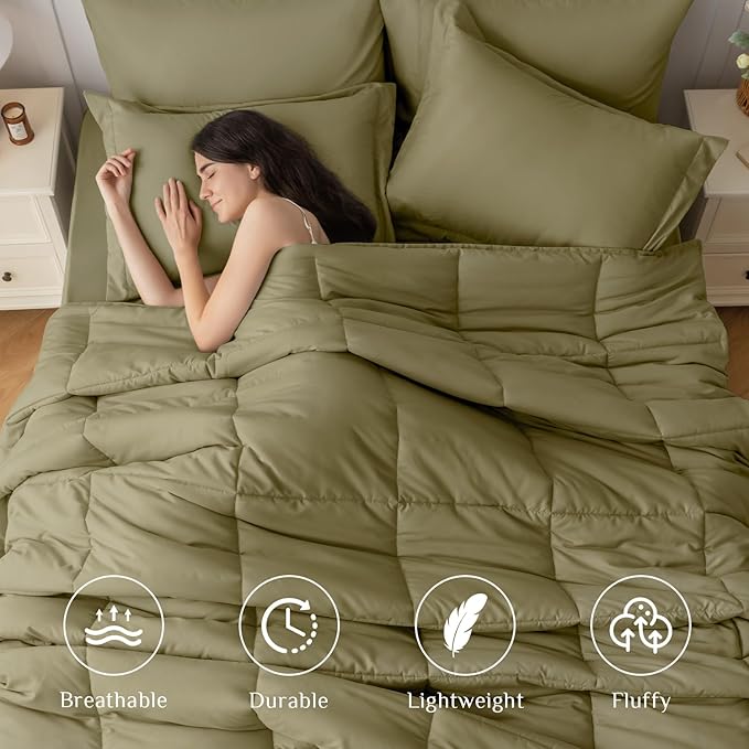 JOLLYVOGUE Twin Comforter Set, Ultra-Soft Bed in a Bag Twin Size 5 Pieces, Oeko-TEX Certified Bedding Set with Down Alternative Comforter, Sheets, Pillowcases & Shams, Olive Green
