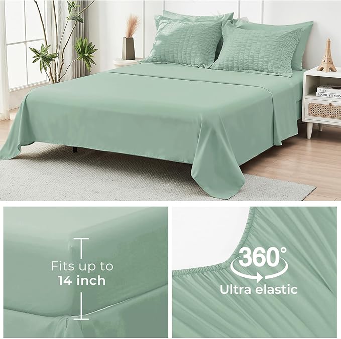 HYMOKEGE Sage Green California King Comforter Set Seersucker 7 Pieces, All Season Luxury Bed in a Bag for Bedroom, Bedding Set with Comforters, Sheets, Pillowcases & Shams