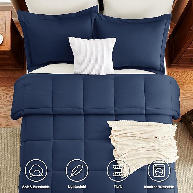 CozyLux Super King Plus Comforter Set, 3 Pieces Navy Blue 128x120 Box Stitched Design Soft Bedding Set, All Season Lightweight Breathable Bed Set with 1 Down Alternative Comforter and 2 Pillow Shams