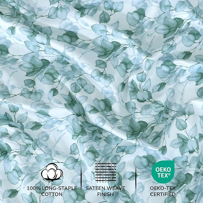 Feather & Stitch Printed 500 TC California King Size 4pc Damask Bed Sheet Set, 100% Soft Cotton Breathable Bedsheets, 18" Deep Pockets Sateen Weave Striped Bedding Mattress - Green Leaf