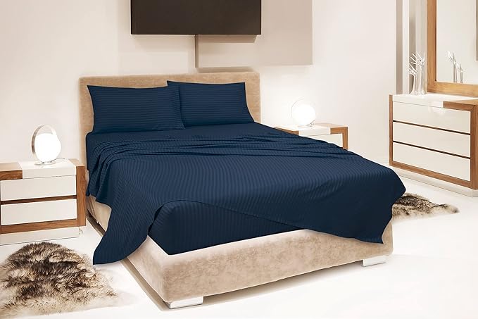 ROYALE LINENS 4 Piece Full Sheets Set - Soft Brushed 1800 Microfiber Bedding - 1 Fitted, 1 Flat Sheet, 2 Pillowcases - Wrinkle Free & Fade Resistant - Hotel Luxury Bed Sheets (Stripe Navy, Full)