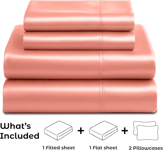 Pure Bedding Satin Sheets Queen [4-Piece, Blush Pink] Hotel Luxury Silky Bed Sheets - Extra Soft 1800 Microfiber Sheet Set, Wrinkle, Fade, Deep Pocket Fitted Sheet, Flat Sheet, Pillow Cases