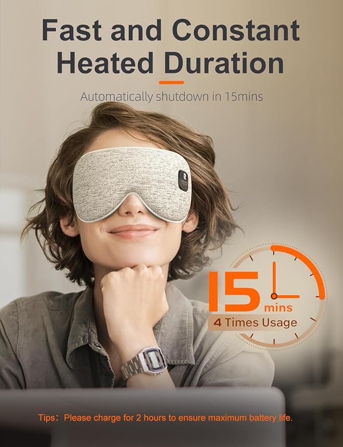 Heated Eye Mask, Cordless Heat Eye Compress for Dry Eye Stye Relax, Blackout Electric Warm Eye Mask for Airplane Sleeping for Travel, Birthday Idea for Woman/Man (Grey)