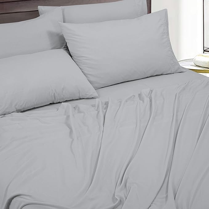 ROYALE LINENS 300 Thread Count Poly/Cotton Cooling Sateen Sheet Set - 6 Piece King Bed Sheets - 1 Fitted, 1 Flat, 4 Pillow Cases -Soft Cool & Crisp Sheet Set (King, Glacier Grey)