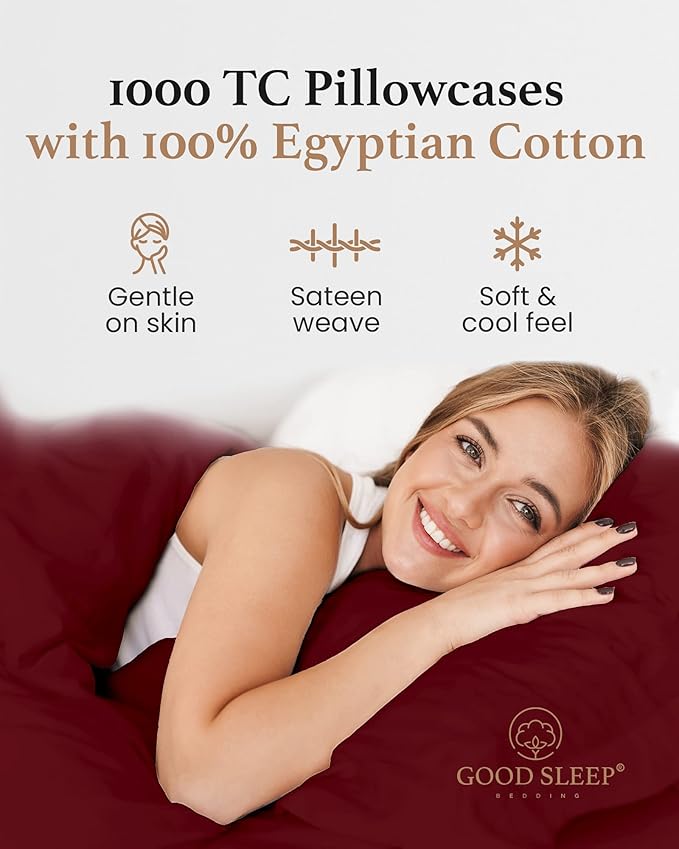1000 TC Burgundy Standard Pillowcases Set of 4 100% Egyptian Cotton Pillow Cases with Long Staple Cotton & Sateen Weave, Silky Soft Hotel - Like Bed Pillow Covers for Comfy Sleeping, Snug Fit