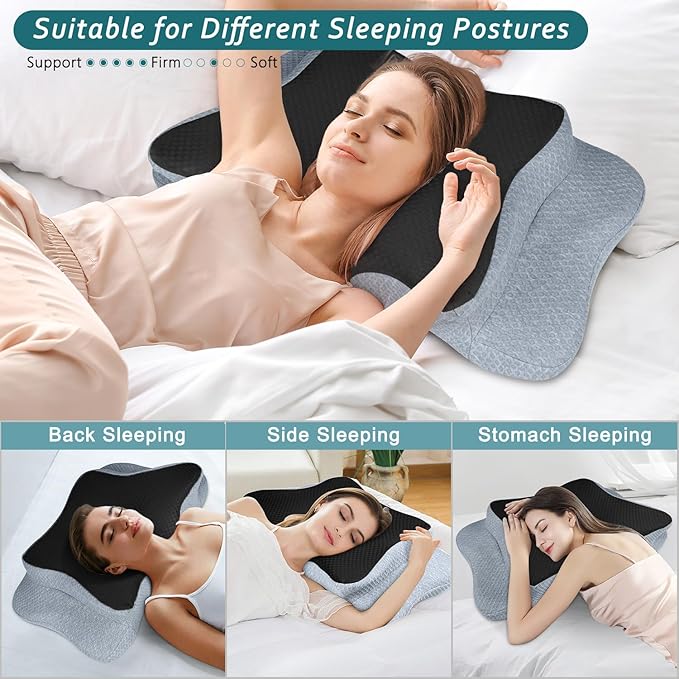 CHxxy Cervical Neck Pillow for Pain Relief Sleeping, Memory Foam Pillows, Ergonomic Side Sleeper Pillows, Cooling Orthopedic Neck Support Pillow for Back Stomach Sleepers-Queen Size Black&Grey