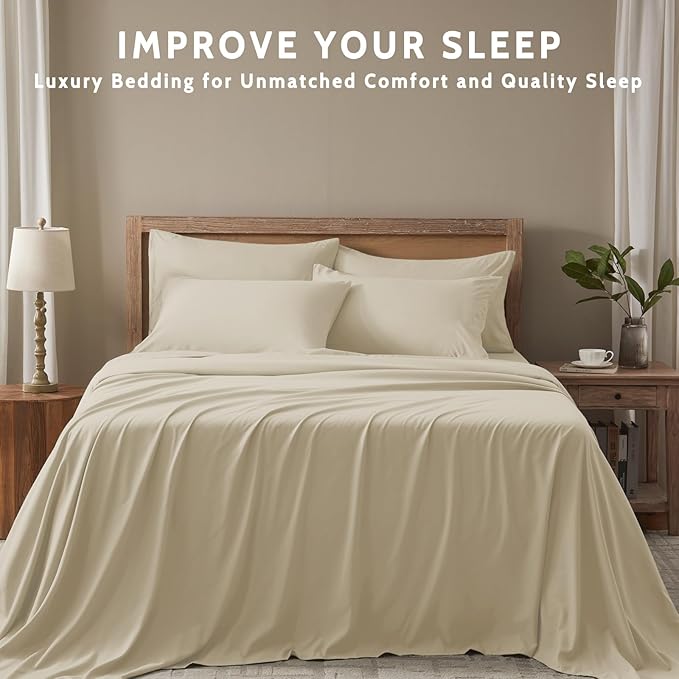 King Size Sheets Set - 6 Piece Luxuriously Soft & Cooling Sheets King Size - Ultra Soft 16" Deep Pocket King Sheet Set - Fitted Sheet & Pillowcase Sets (King Beige)