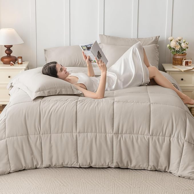 JOLLYVOGUE King Comforter Set, Ultra-Soft Bed in a Bag King Size 7 Pieces, Oeko-TEX Certified Bedding Set with Down Alternative Comforter, Sheets, Pillowcases & Shams, Oatmeal