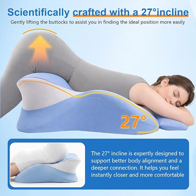 Memory Foam Wedge Pillow, Ergonomic Contoured Intimacy Couples Pillow, 27° Angled Neck Support Pillow Back Support Cushion, Multi-Functional Bed Position Pillow with Removable Cover Blue