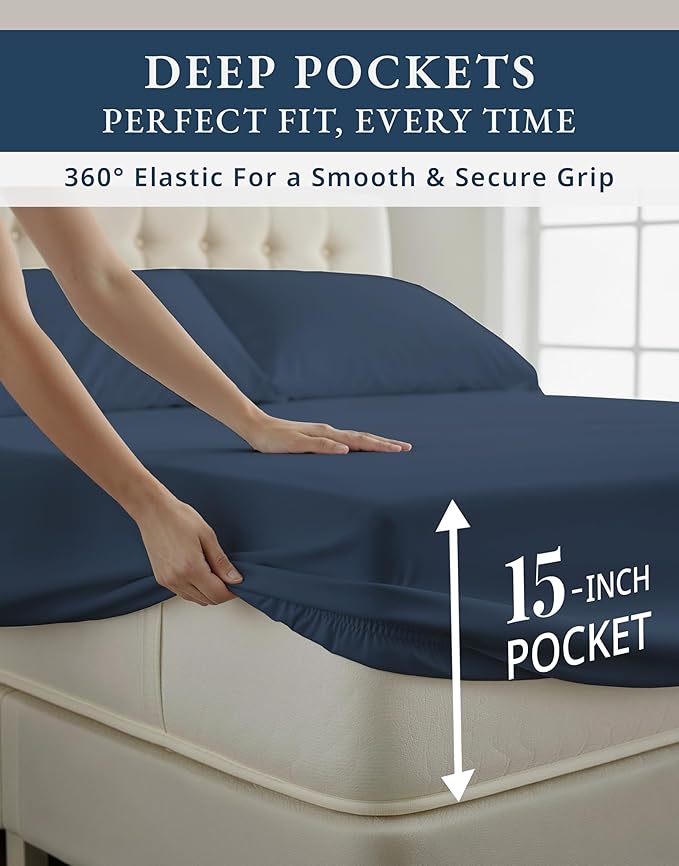 100% Egyptian Cotton Sheets Queen Size - Naturally Cooling & Breathable 4 Piece Silky Sateen Weave Queen Sheet Set, Ultra-Soft & Durable Hotel Luxury Sheets with 15" Snug Fit Deep Pockets - Dark Denim