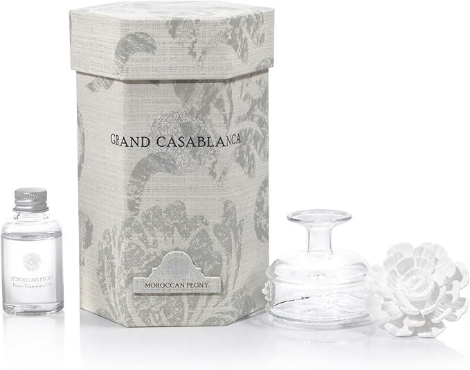 Zodax Grand Casablanca Reed Diffuser - Home Fragrance Oil Diffuser Ideal for Living Room, Bathroom, Office - Porcelain Flower Design - Gift Box Packaging Included - Moroccan Peony - 1.69 Oz.
