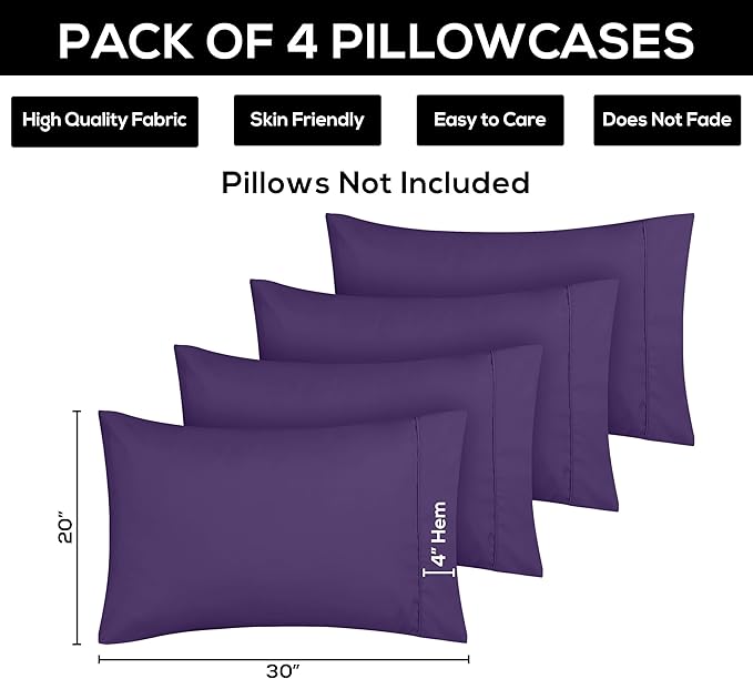 Utopia Bedding Queen Pillowcases - 4 Pack - Envelope Closure - Soft Brushed Microfiber Fabric - Shrinkage and Fade Resistant Pillow Covers Queen Size 20 X 30 Inches (Queen, Egg Plant)