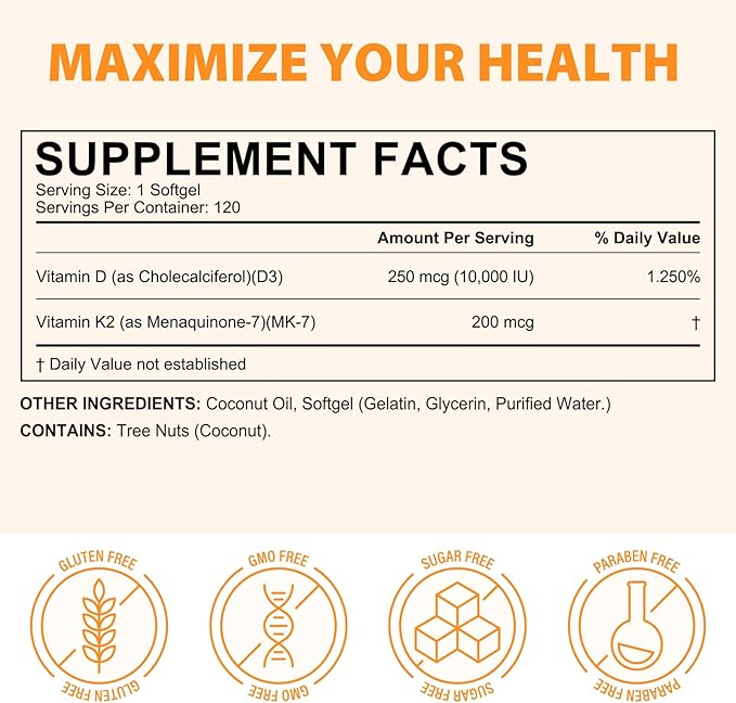 flasture Vitamin D3 K2 Supplement Softgels, 10000 IU VIT D3 + 200 MCG K2 (MK-7) | 2-in-1 Replenish Formula with Coconut Oil, Supports in Calcium Absorption, Easy to Swallow 120 Capsules.