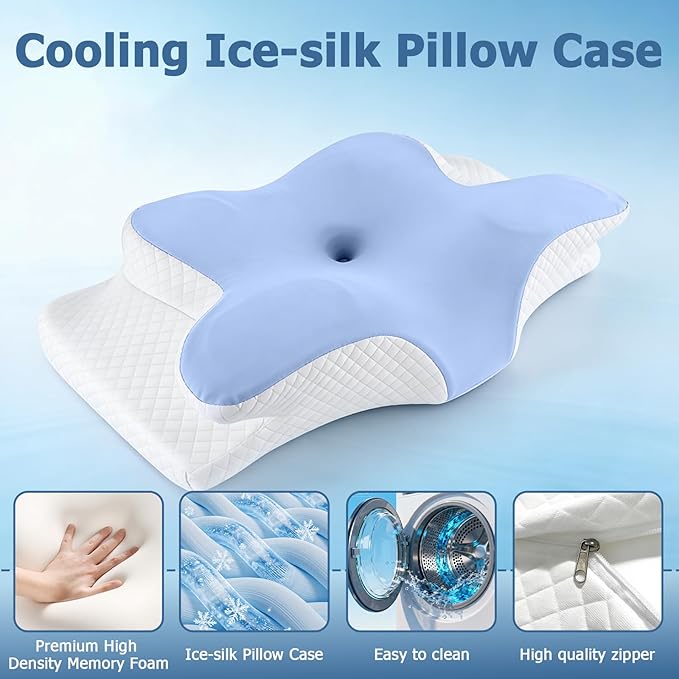 Memory Foam Neck Pillow - Adjustable Orthopedic Contour Pillow for Neck & Shoulder Support, Odorless, Side Back Stomach Sleeper Friendly, Enhanced Spinal Alignment - Light Blue