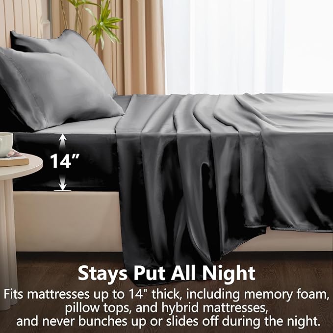 CozyLux Satin Sheets King Size Sheet Set - 6 Piece Silky King Sheets, Luxury Dark Grey King Bed Set with Smooth and Soft Microfiber, Includes 1 Fitted Sheet, 1 Flat Sheet and 4 Pillowcases