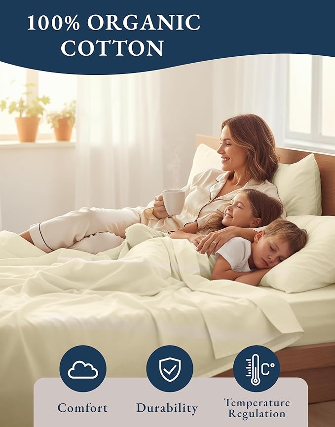 LANE LINEN 100% Organic Cotton California King Sheets Set, 4-Piece Pure Organic Cotton Long Staple Percale Weave Soft Best Bedding Sheets for Bed, Breathable, Fits Mattress Upto 15" Deep - Natural
