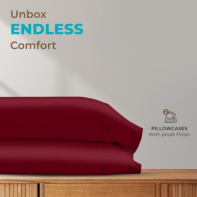 THREAD SPREAD Queen Size 100% Long Staple Egyptian Cotton Sateen Weave Pillowcases, Burgundy, 21" x 32"