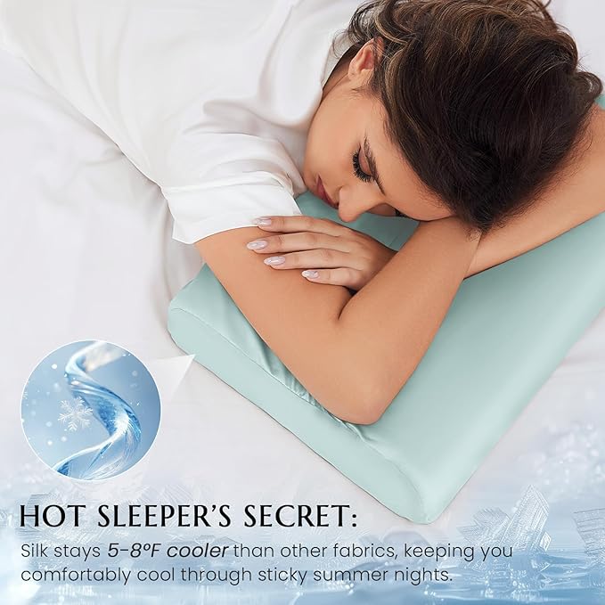 THXSILK 19 Momme 100% Mulberry Silk Pillowcase for Contour Memory Foam Pillow, Contour Pillow Case Cover, Cervical Pillow Case, Pack of 1(Light Blue, 21"x14.5"x4.9"/4.2")