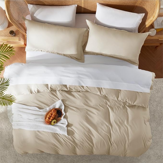 Nestl King Duvet Cover Set with Comforter Insert - Beige Cream 4 Piece 104x90 Duvet Cover & 2 Pillow Shams with White Quilted Down Alternative Comforter, Ultra Soft, All Season