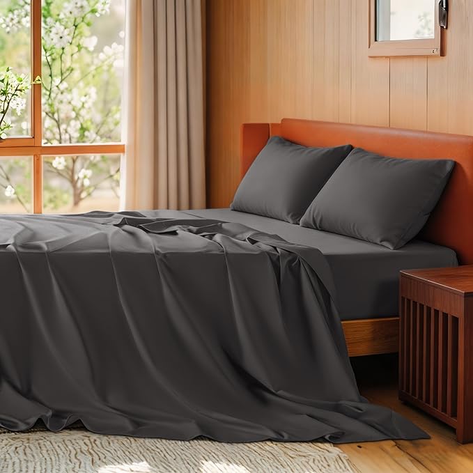 SONORO KATE 100% Egyptian Cotton Sheets Queen Size - 600 Thread Count, Luxury Hotel Sateen Weave Bedding Set, Soft Breathable Sheet Sets, 16" Deep Pocket - 4 PC(Dark Grey,Queen)