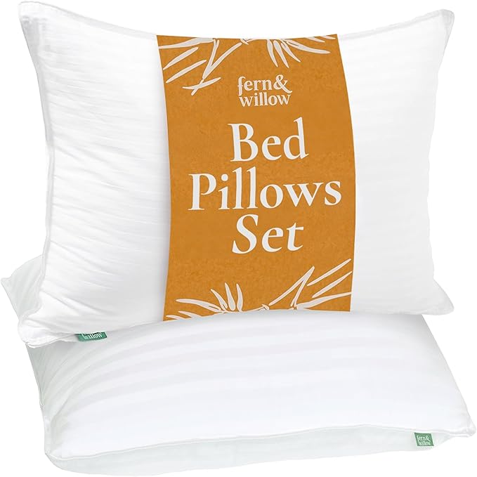 Fern and Willow Premium Queen Size Bed Pillows - Set of 2, 28"x20" - Luxurious Ultra-Soft Cooling Pillow - Hotel Quality, Down Alternative Fill, Medium Firm Support for Side, Back & Stomach Sleepers