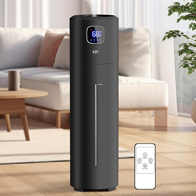 KZF 9L/2.5Gal Large Humidifiers for Bedroom, Ultrasonic Cool Mist Top Fill Humidifier with 350ML/H Large Mist Speed, Quiet Humidifier for Baby Home Plant Yoga Sleep Office (Round Black 9L)