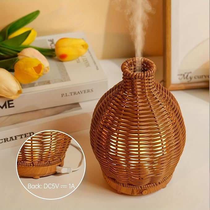 Essential Oil Diffuser - Rattan Humidifier,Multifunction Aromatherapy Diffuser with Warm Light 80ML Cool Mist Humidifier Waterless Auto Shut-off for Home,Baby Bedroom,Office