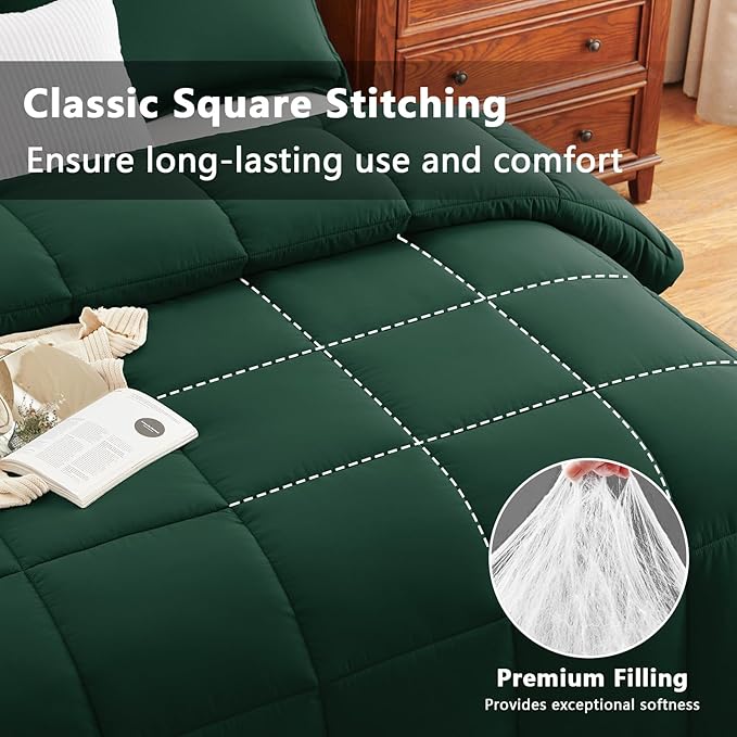 CozyLux Queen Comforter Set - Emerald Green Comforters Queen Size, 3 Pieces Box Stitched Bed Set for All Seasons, Soft Lightweight Bedding Sets with 1 Down Alternative Comforter and 2 Pillow Shams